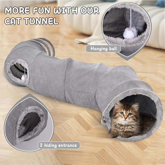 S-2-Way Cat Tunnel for Indoor Cats - 59x10Inches,Collapsible Cat Play Tunnel, Interactive Toy with 2 Hidden-Exits&Hanging Balls, Cat Spiral Tunnel for Cats, Puppy, Kitty, Kitten, Rabbit (Gray)