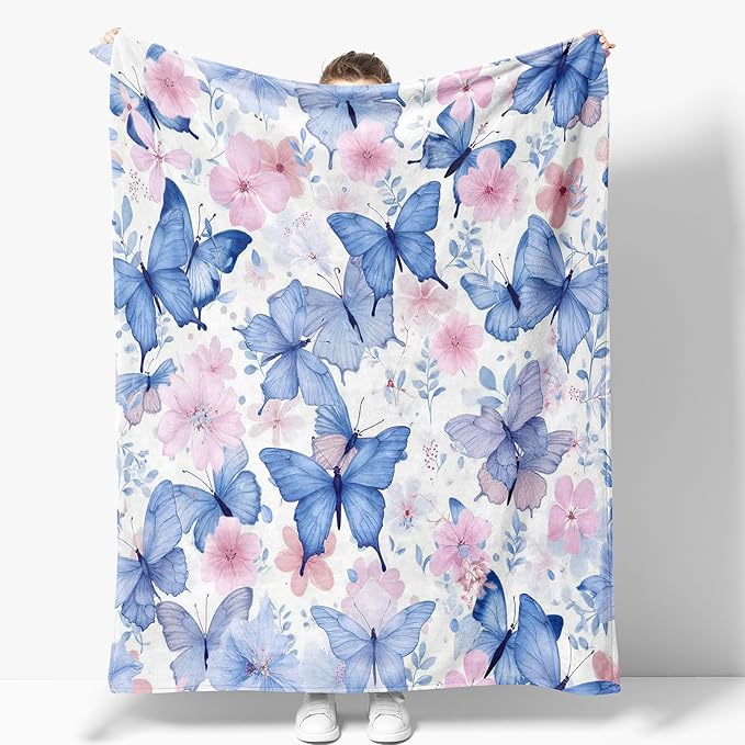 Butterfly Blanket Gifts for Women Mom Girls Wife Birthday Christmas Valentines Presents Blue Butterflies Floral Flower Theme Decor Bedroom Living Room Couch Sofa Kids Adults Soft Flannel Throw 60"x50"