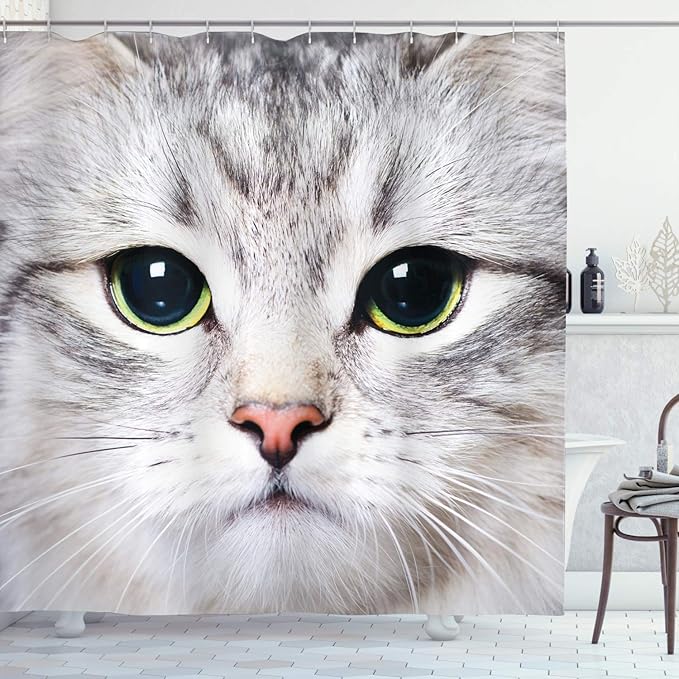 Ambesonne Animal Shower Curtain, Cat Print Kitten Kitty Face Look Closeup Portrait Digital Photography Domestic Pet, Cloth Fabric Bathroom Decor Set with Hooks, 69" W x 75" L, Off White Avacado Green