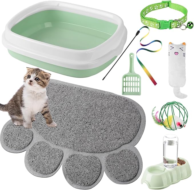 7 Pcs Small Cat Kitten Starter Kit Cat Litter Box with Shovel Cat Paw Litter Mat Double Automatic Cat Bowls Cat Toy Teaser Stick Cat Collar Essentials Kits for 1-3 Lbs Beginner (Fresh Green,Stylish)
