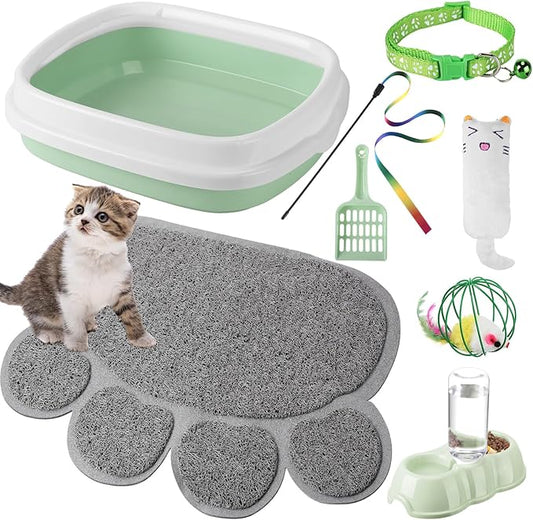 7 Pcs Small Cat Kitten Starter Kit Cat Litter Box with Shovel Cat Paw Litter Mat Double Automatic Cat Bowls Cat Toy Teaser Stick Cat Collar Essentials Kits for 1-3 Lbs Beginner (Fresh Green,Stylish)