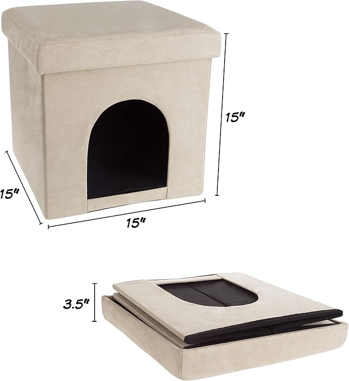 Pet House Ottoman - Collapsible Multipurpose Small Dog or Cat Bed Cube and Footrest with Cushion Top and Interior Pillow by PETMAKER (Microsuede Tan)