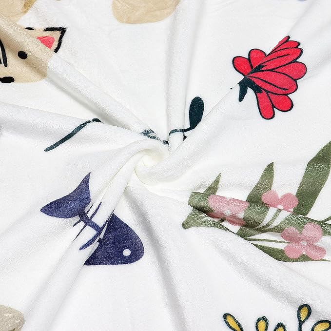 Cat Throw Blanket Floral Flower Throw Blankets Gift for Cat Lover Throw Blanket Cats Themed Flannel Cozy Fuzzy Plush Throw Blankets for Bed Chair Couch 50" X 60"