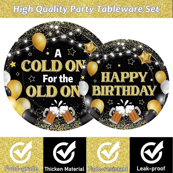 96 Pcs A Cold One for The Old One Party Decorations Black Gold Tableware Set for Men Party Favor Cheers Birthday Party Plates and Napkins for 30th 40th 50th Dinnerware Supplies for 24 Guests
