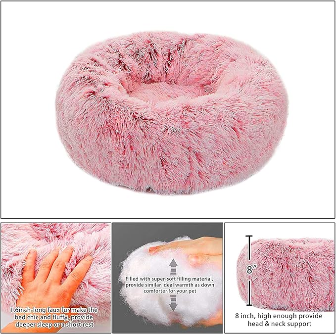 Calming Donut Dog Bed XL, Plush Round Cuddler Dog & Cat Bed, Anit-Anxiety Marshmellow Fluffy Faux Fur Cushion(32", Pink)