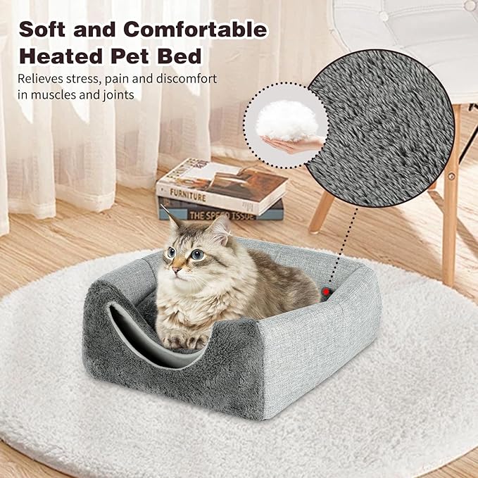 Rypet Heated Cat Bed Cave, Adjustable Temperature Heated Pet Bed Indoor with Timer and Timer, Indoor Cat Cave Bed Cat House with Removable Washable Cushioned Pillow and Chew Resistant Cord Update