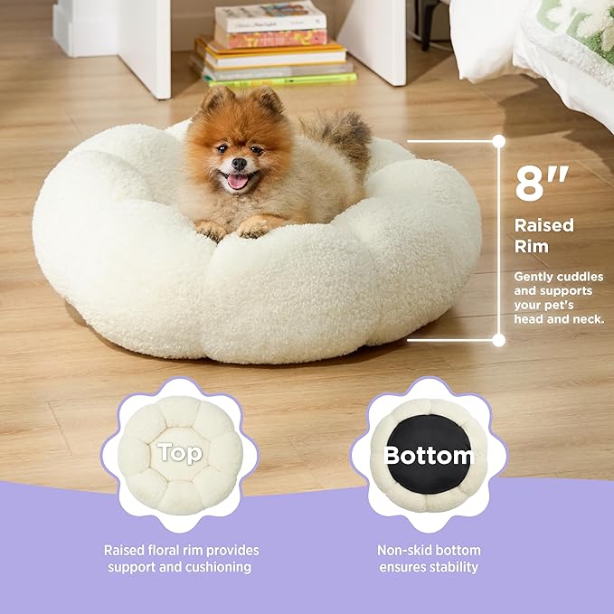 Lesure Calming Small Dog Bed - Flower Donut Round Fluffy Puppy Bed in Plush Teddy Sherpa, Non-Slip Cute Flower Cat Beds for Indoor Cats, Small Pet Bed Fits up to 25 lbs, Machine Washable, Cream 23"