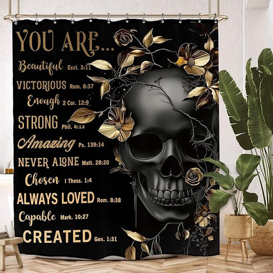 Black Gold Skull Shower Curtain 60Wx72L Inch Quotes Inspirational Motivational Positive Leaves Plant Cool Bathroom Set Accessories Decor with 12 Pack Hooks