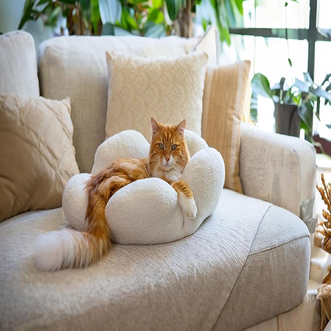 Catstages Purrfect Petals Washable Flower Shaped Round Cat Bed for Indoor Cats, Plush, White