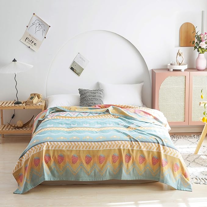 MEJU Boho Bunny Rabbit Green Muslin Lightweight Summer Strawberry Blanket Throw for Bed Sofa Couch 100& Cotton 2 Layer Soft Warm Quick Dry Throw Blanket Bedspread Bed Coverlet Sheet Twin 60 in X 80 in