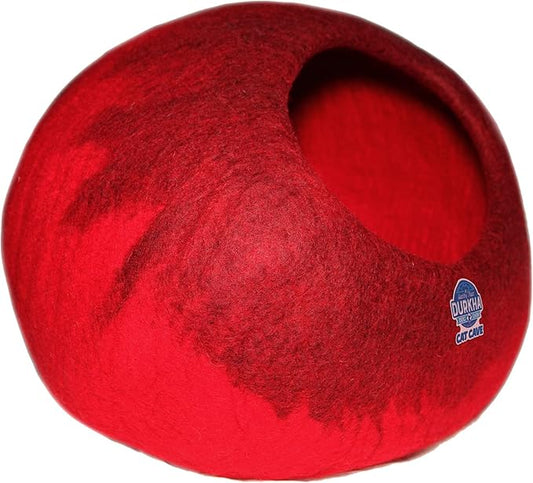 Felt Cat Cave Bed, Handmade Covered Cat Bed Cave, Wooly Cave for Cats, Dome Shaped Cat Pod, Cat Beds & Furniture, Felt Cat Beds for Indoor Cats (Red and Burgundy)