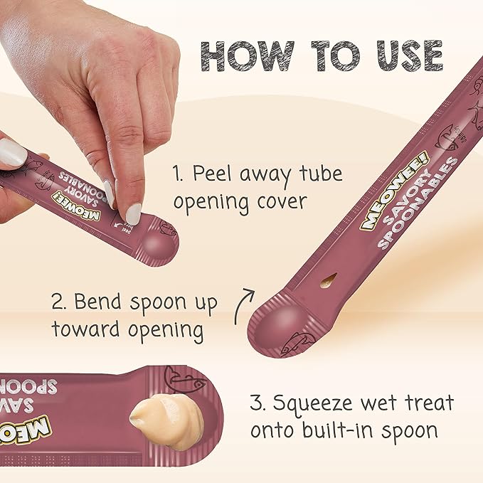 Savory Spoonables with Real Salmon, Tuna & Krill, 4 Count Tube, Triple Flavor Squeezable Lickable Wet Treats for Cats with Built-in Spoon for Less Mess