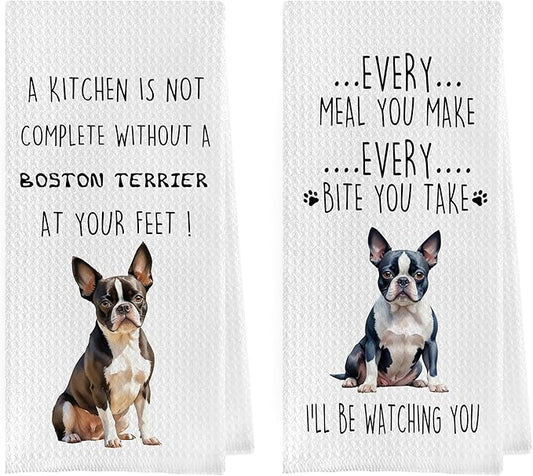 Boston Terrier Dish Towels Set - Decorative Waffle Weave Kitchen Hand Tea Towels, Funny Gift (1624 Inches, Set of 2)