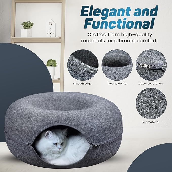Peekaboo Large Cat Cave and Tunnel Bed - Donut Cat Bed for Indoor Cats up to 30-45 lbs, Scratch Resistant, Detachable & Washable, Cat Donut Tunnel (Dark Gray, Large)