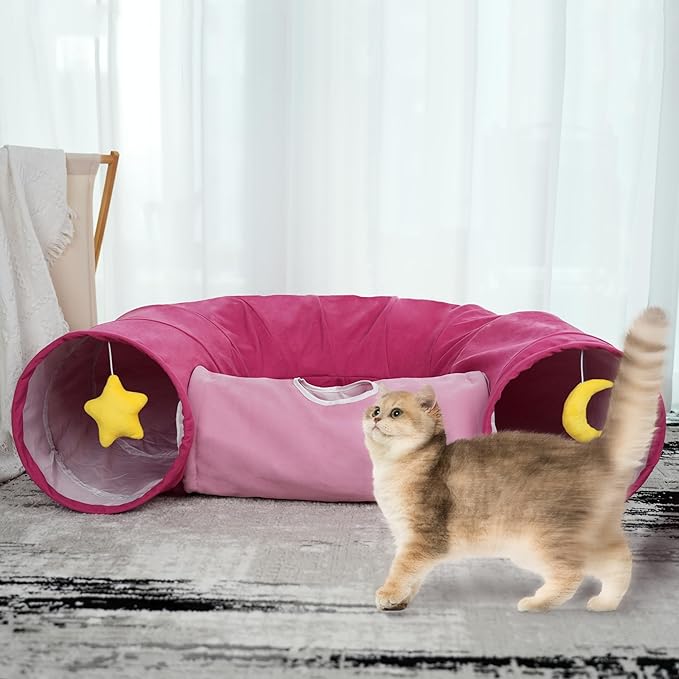 Cat Tunnel,Cat Tunnels for Indoor Cats Collapsible Large Cat Tunnel Cute Cat Tunnel Toy for Cat,Kitten,Puppy,Rabbit,Pink