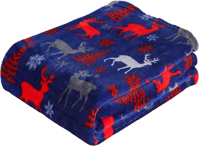 Elegant Comfort Velvet Touch Ultra Plush Christmas Holiday Printed Fleece Throw/Blanket-50 x 60inch, (Moose)