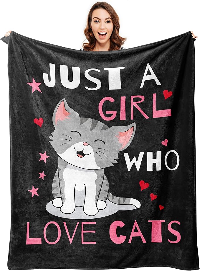 Cute Cat Throw Blanket Ultra Soft Warm Cozy Lightweight Microfiber Blankets Flannel Sherpa Fuzzy Plush Throws for Sofa Couch Bedding All Season, Just a Girl Who Loves Cats 60"x50"