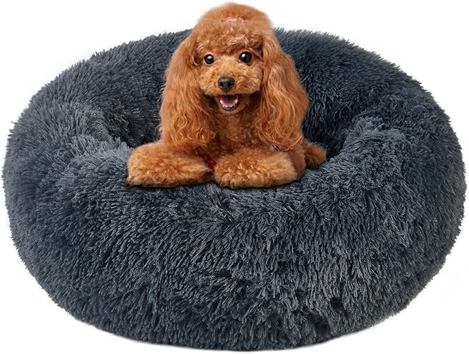Calming Round Cute Cat & Dog Bed, Anti-Slip Washable Cozy Soft Round Pet Bed, Fluffy Faux Fur Plush Dog Cuddler Bed Fits up to 15 lbs Dogs and Cats(Donut Dark Grey, 20inch x 20inch)
