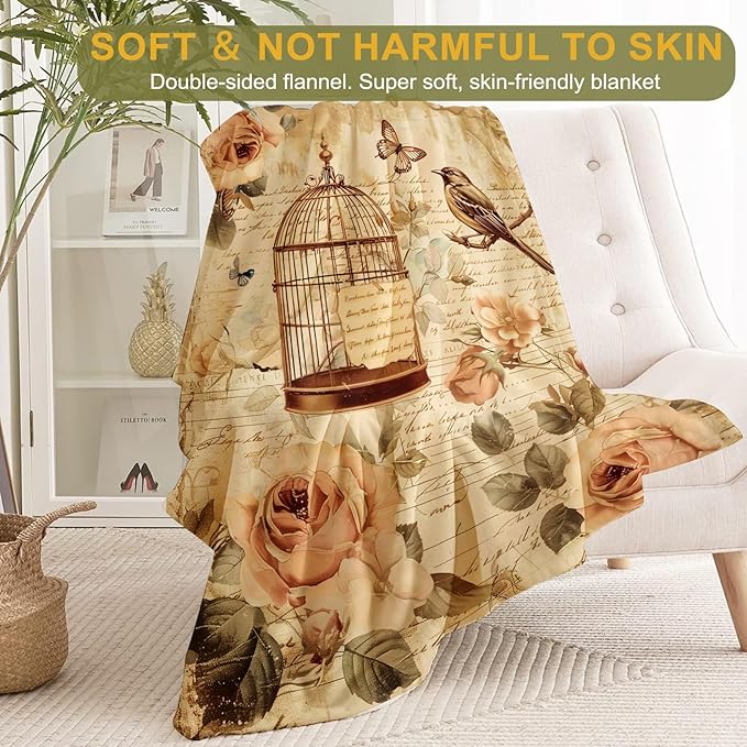 Vintage Birdcage and Rose Throw Blanket- Ultra Soft, Fleece, Lightweight,Floral and Bird Retro Blankets, for Couch Romantic Room Bedroom Modern Decor, Gifts for Women & Garden Lovers 50x60in
