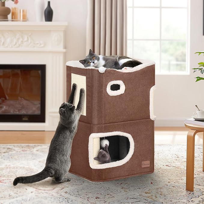 YITAHOME 2-Tier Cat House, Indoor Cat Cave Bed Playhouse, Flannel & Cool Mat, Covered Cat Beds with Scratch Pad and Hideaway Cave, Cute Modern Cat Condo Furniture for Multi Small Cats, Brown