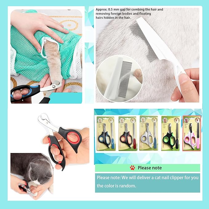 Adjustable Multifunctional Anti-Bite Cat Shower Bag，Cat Grooming Mesh Bag, Cat Bathing Bag One Each in Grey and Green and Set of Care Tools (C)