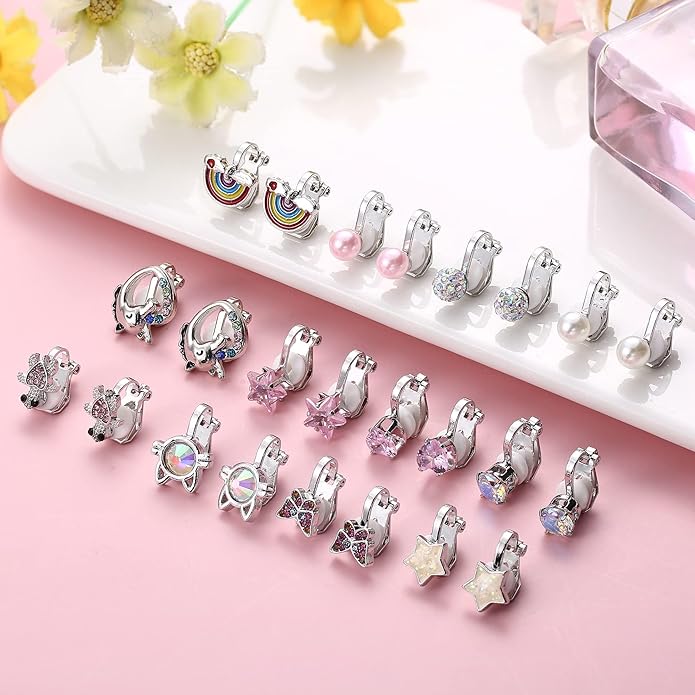 BESTEEL 12 Pairs Clip on Earrings for Women Cute CZ Cat Pearl Star Heart Turtle Butterfly Clip Earring Hypoallergenic Fake Clip-on Stud Non Pierced Earrings Set Multicolored Silver