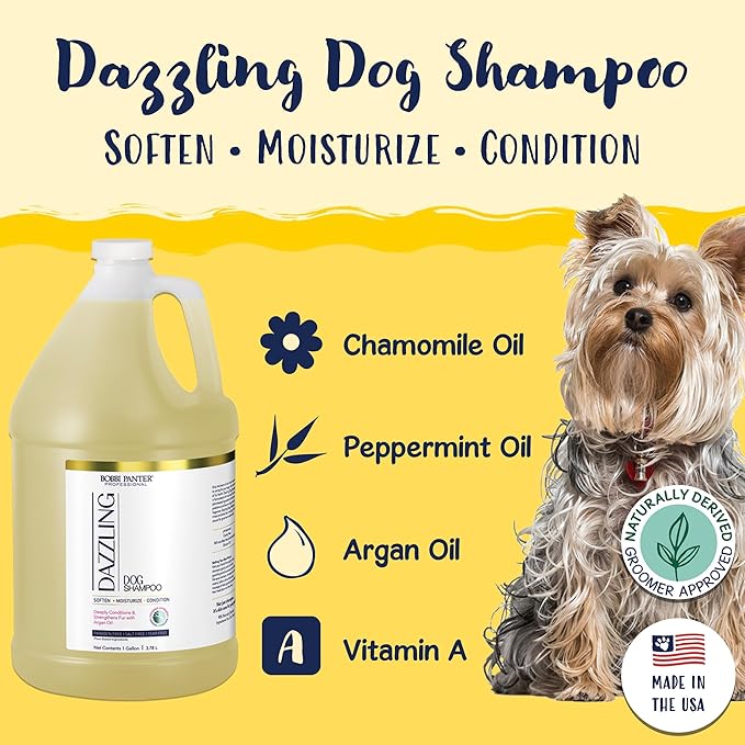 Bobbi Panter Dazzling Dog Shampoo for Moisture and Shine, Naturally Derived Ingredients, Tear-Free, Salt-Free, Paraben-Free, pH-Balanced, 20:1 Concentrated Formula, Argan Oil, Chamomile Scent, 13 oz.