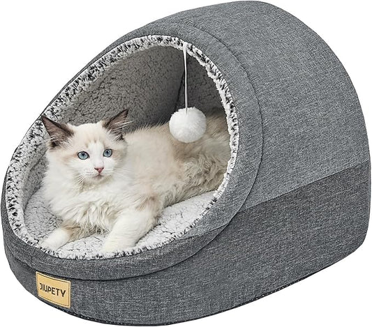 Jiupety Cute Cat Beds for Indoor Cats, Cat Cave Bed and Kitten Bed, Large Cat Cave and Covered Cat Bed with Anti-Slip Bottom, Washable Removable Cushion, M(16"x16"x13"), Dark Gray.