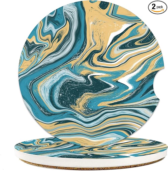 Blue Marble Car Cup Holder Coasters, 2 Pack Cup Coasters Car Accessories Interior Aesthetic for Men Women, Absorbent Ceramic Coaster with Cork Back, Retro Car Decoration Gifts