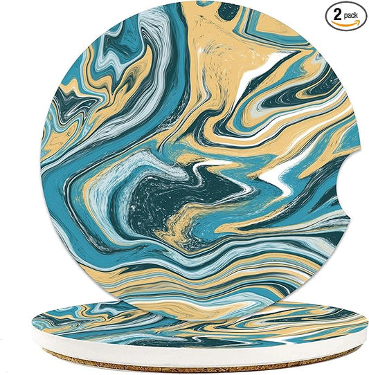 Blue Marble Car Cup Holder Coasters, 2 Pack Cup Coasters Car Accessories Interior Aesthetic for Men Women, Absorbent Ceramic Coaster with Cork Back, Retro Car Decoration Gifts