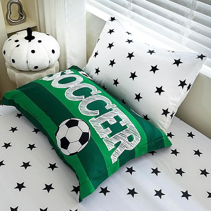 7 Piece Boys Soccer Comforter Set Full Size Bed in A Bag 3D Football Playground Sports Bedding Set for Kids Microfiber Comforter All Season Green