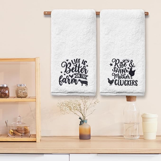 Farm Animal Hand Towels for Bathroom, Farmhouse Rooster Cow Decor Embroidered Dish Towels, Farmhouse Decor Gifts Decorative New Home Tea Hand Towels, 100% Cotton Soft Towels for Kitchen 14x30 Inches