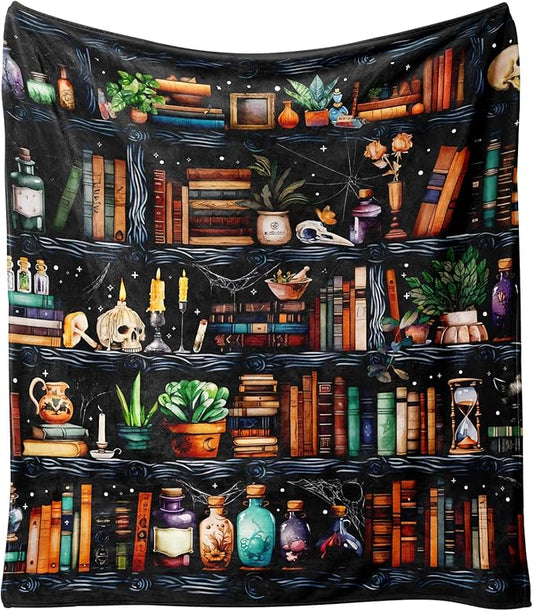 Book Lovers Blanket,Halloween Witches Bookshelf Skulls Black Cat Potions Fleece Blankets for Women Flannel Throw Blanket for Home Living Room Couch Bed Chair or Dorm Decor 60"x50"