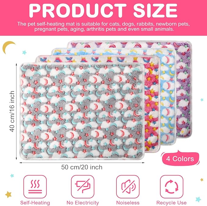 4 Pack Self Heating Cat Bed Cat Self Warming Pad with Removable Cover Extra Warm Thermal Pet Pad Washable Pet Crate Mat Anti Slip Kennel Pad for Indoor Outdoor Pets(Stars Moon,16 x 20 Inches)