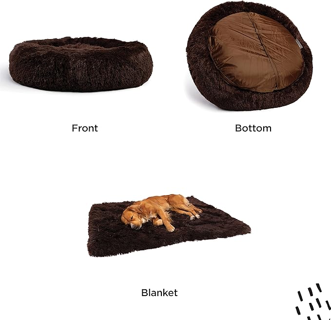 Best Friends by Sheri Bundle Set The Original Calming Shag Donut Cuddler Cat and Dog Bed + Pet Throw Blanket Dark Chocolate Medium 30" x 30"