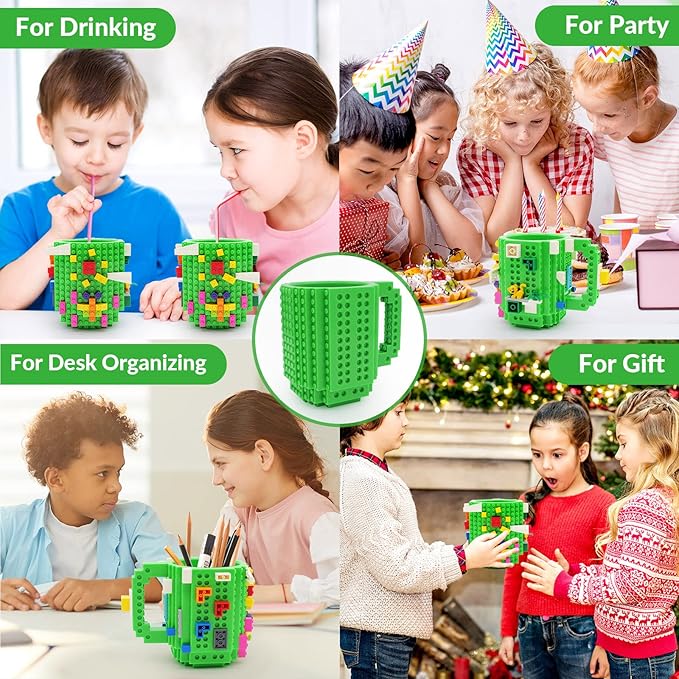 Build-on Brick Coffee Mug, Funny DIY Novelty Cup with Building Blocks Creative for Kids Men Women Xmas Birthday (Green)