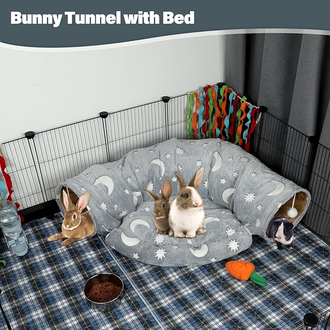 BWOGUE Bunny Tunnel Bed, 2-in-1 Collapsible Tunnel Tubes Toys with Removable Mat Hideout for Cats Kittens Rabbits Guinea Pigs Kitty