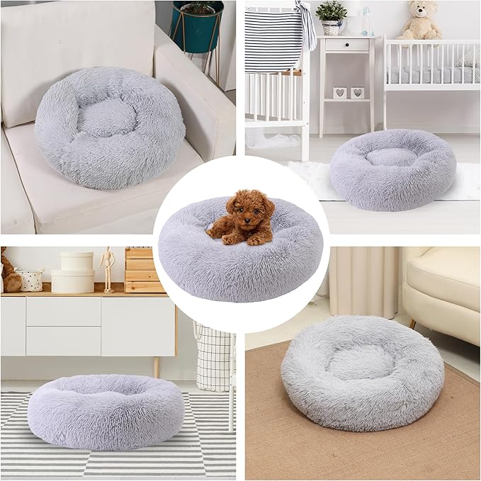 Calming Dog Bed, Dog Beds Fits up to 40 lbs Pets, Fluffy Donut Dog & Cat Bed Washable, Round Anti Anxiety Dog Bed, Small Dog Bed with Non-Slip Bottom (Light Grey, 28" x 28")