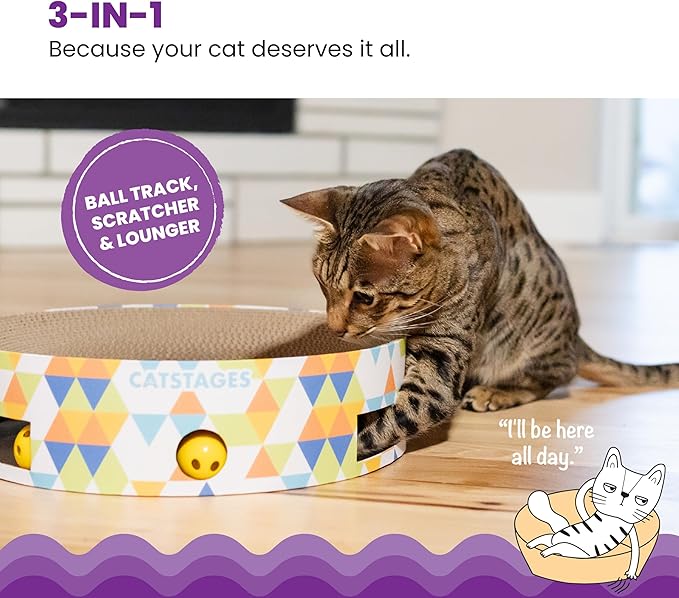 Catstages Bowl Track Scratcher Cat Ball Track Scratcher and Lougner, Multicolored