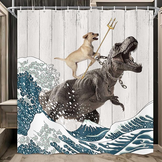 Boziqr Funny Dog Shower Curtain, Japanese Ocean Wave Dinosaur Rustic Barn Door Decor Fabric Bathroom Curtains Set, Cute Animal Kids Polyester Fabric Waterproof, 70 X 84 Inches