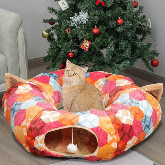 AUOON Cat Tunnel Bed with Central Mat,Big Tube Playground Toys,Soft Plush Material,Full Moon Shape for Kitten,Cat,Puppy,Rabbit,Ferret (Orange)