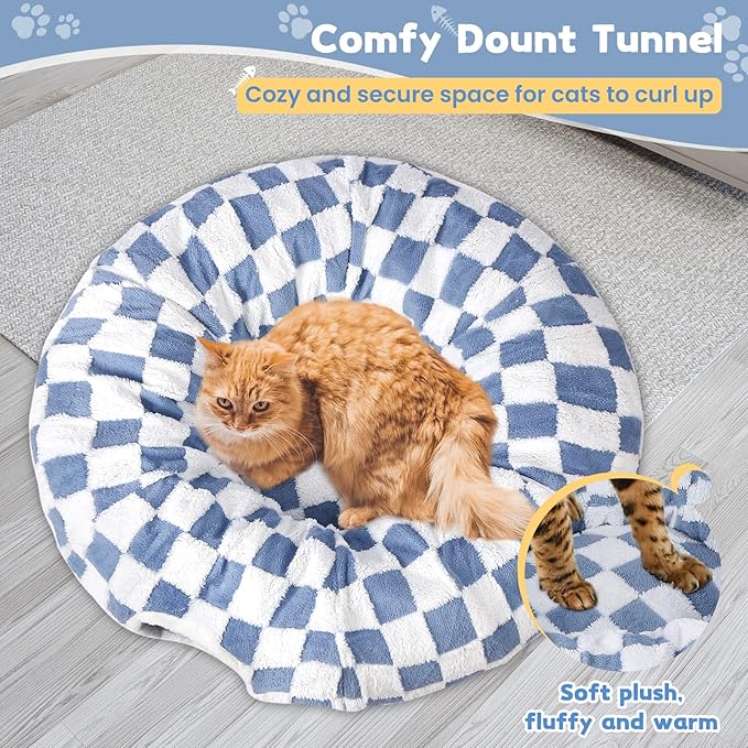 Cat Tunnel Bed Cat Cave for Cats Indoor, Maansfy Large Peekaboo Cat Cave Donut Tunnel Interactive Cat Toy Multifunctional Round Pet Play Tunnel Tube for Kitten Medium Large Cat - Blue