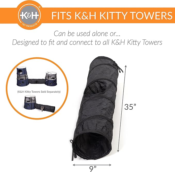 K&H Pet Products Cat Tunnel Tube Toy - Collapsible, Interactive Play Tube with Peek Hole for Indoor Cats, Kittens, Puppies, Rabbits; Compatible with K&H Cat Towers - Straight, Black 35" x 9"