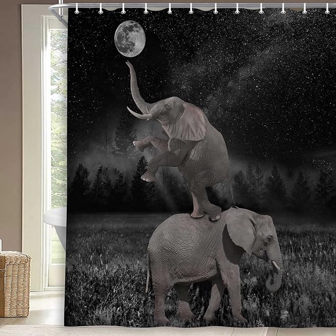 Boziqr Funny Shower Curtains for Bathroom, Cute Elephant Moon Forest Bath Curtain, Rustic Farmhouse Decor Polyester Fabric Fun Cool Animals Black 70 x 70 Inches