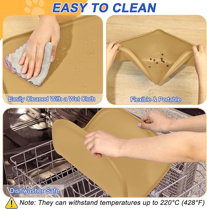 Silicone Pet Feeding Mat with Raised Edge for Food and Water, Dog Bowl Mats, Cat Bowls Placemat with High Lip for Floor Waterproof, Rubber Tray for Cats and Dogs 24 x 16 x0.8 Beige