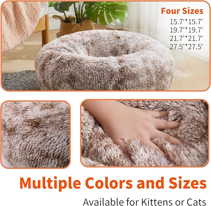 Round Donut Cat and Dog Cushion Bed, Pet Bed for Cats or Small Dogs, Anti-Slip & Water-Resistant Bottom, Super Soft Durable Fabric Pet Beds, Washable Luxury Cat & Dog Bed Brown White 19.7'