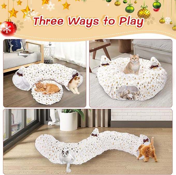 Cat Tunnel Bed for Indoor Cats, 3-in-1 Christmas Cat Donut Tunnel with Washable Cushion, Cat Tube Cave Toys Comes with Two Spherical Cat Fun Balls, for Kitten/Puppy/Rabbit, White