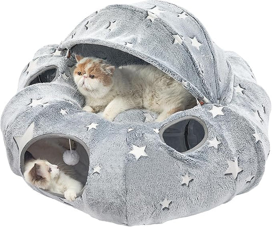 JIUPETY Cat Tunnel Bed with Soft Plush Mat, Collapsible Tube Playground, Cat Cave Bed Tunnel for Indoor Cats, Kitten, Rabbit, Ferret, Fluffy Plush Material, Includes Dangling Balls, Cave Grey A
