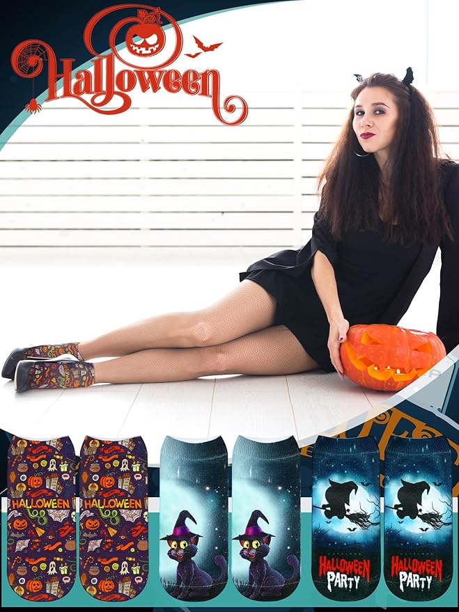 Boao 6 Pieces Christmas Socks 3D Print Short Casual Funny Halloween Pumpkin Cat Ankle Socks