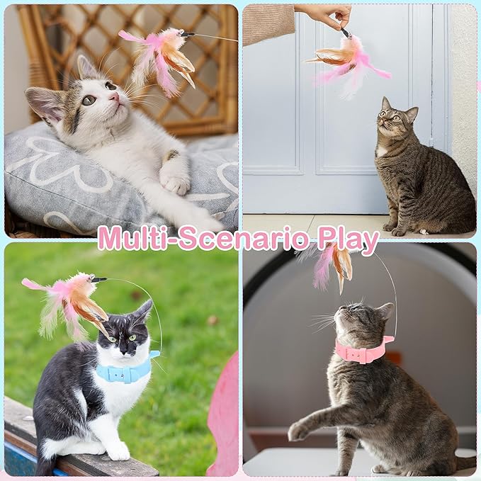 2Pcs Cat Collar Toy, Adjustable Cat Feather Neck Collar Toy Cat Teasing Wand with Silicone Collar, Funny Cat Stick, Interactive Self Playing Toys Bell for Indoor Cat Playing Small Animals(Blue, Pink)